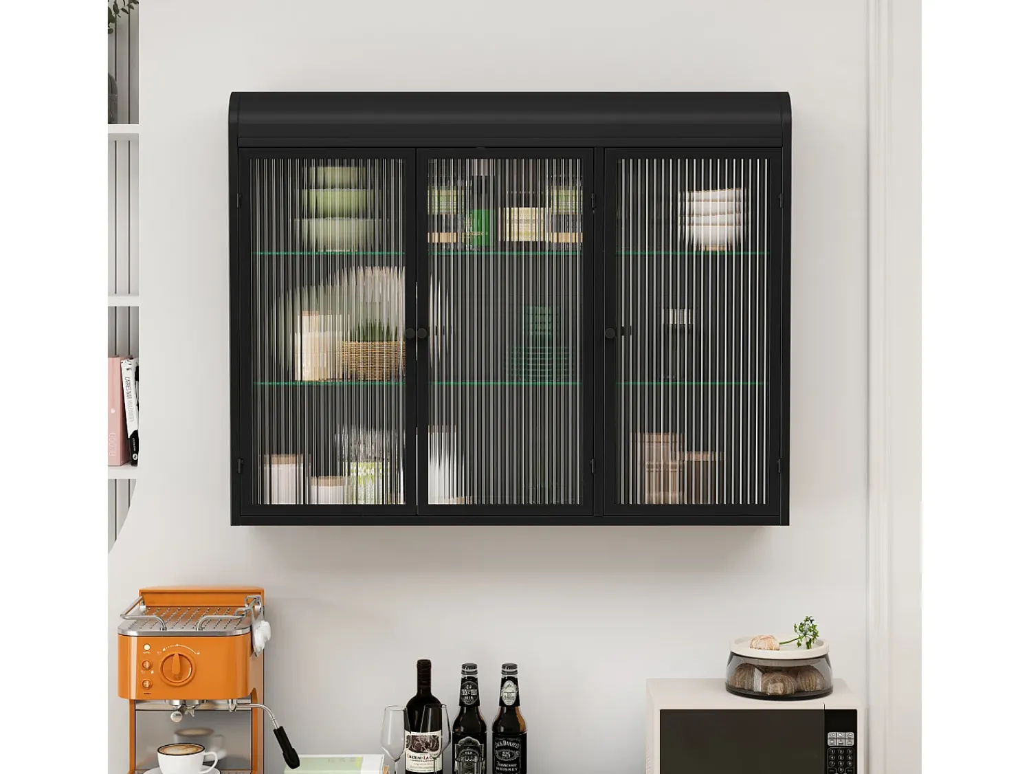 Prateleira* Armário de parede moderno com portas de vidro - para cozinha e banheiro - 90 × 20 × 70 cm, Preto