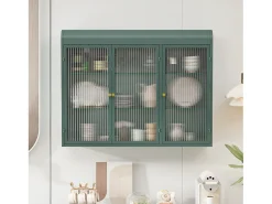 Prateleira| Armário de parede moderno com portas de vidro - para cozinha e banheiro - 90 × 20 × 70 cm, branco Verde