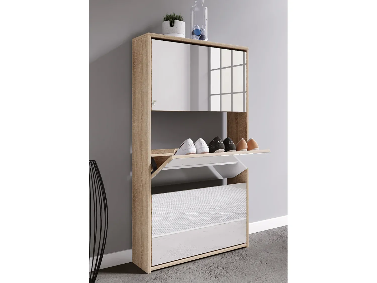 VCM Armário de sapato de madeira | Dimensões: A. 112 x L. 63 x P. 17 cm | 3 flaps with mirror - Stido XL (Honey Oak)^ Móvel De Arrumação|Sapateira