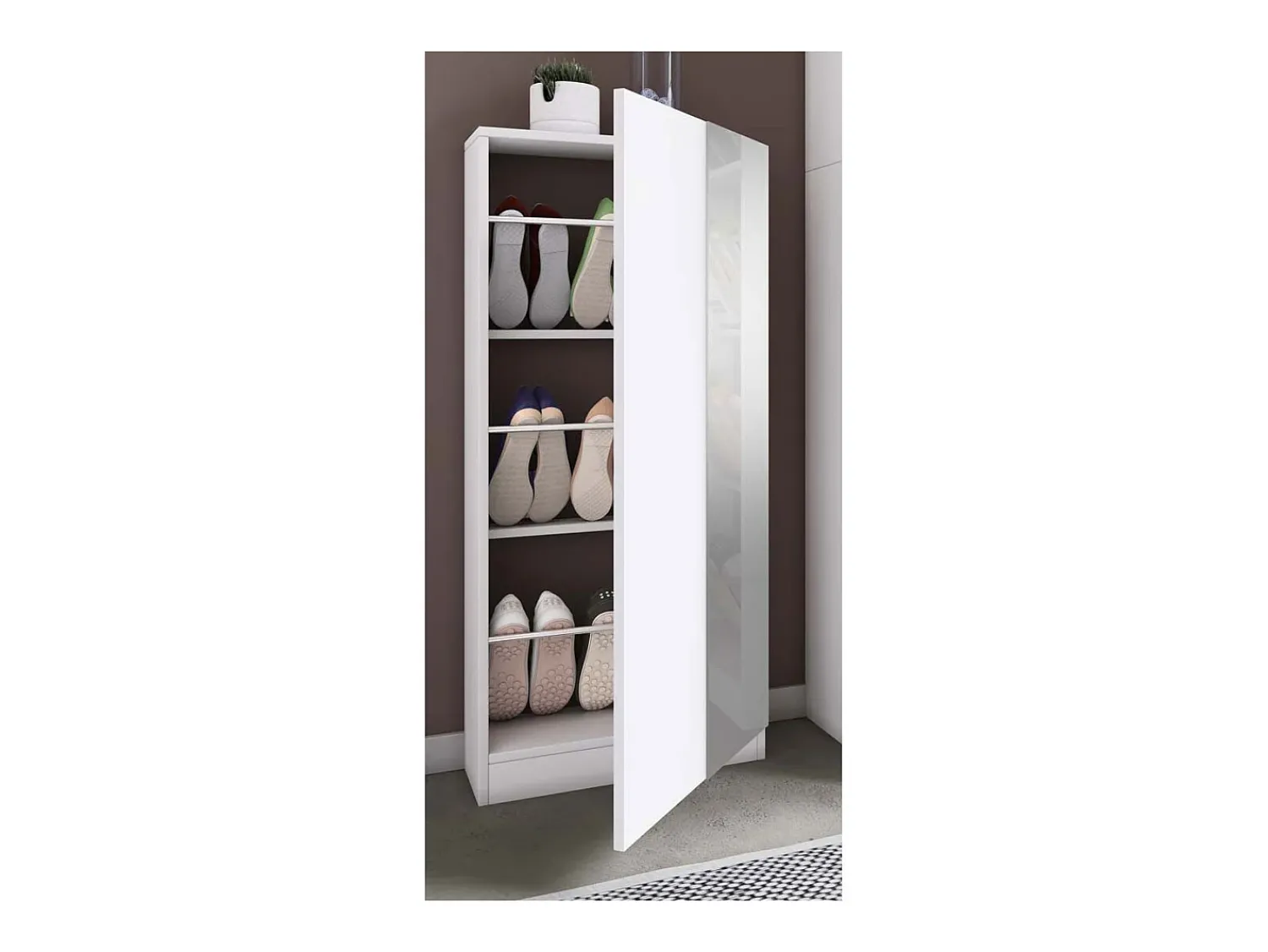VCM Armário de sapato de madeira | Dimensões: A. 112 x L. 50 x P. 17 cm | 1 Porta giratória | Espelho prático - Espelho Fulisa L (Branco) Multicor