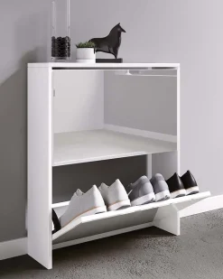VCM Armário de sapato de madeira | Dimensões: A. 73 x L. 63 x P. 17 cm | 2 abas com espelho - Stido L (Branco)^ Móvel De Arrumação|Sapateira