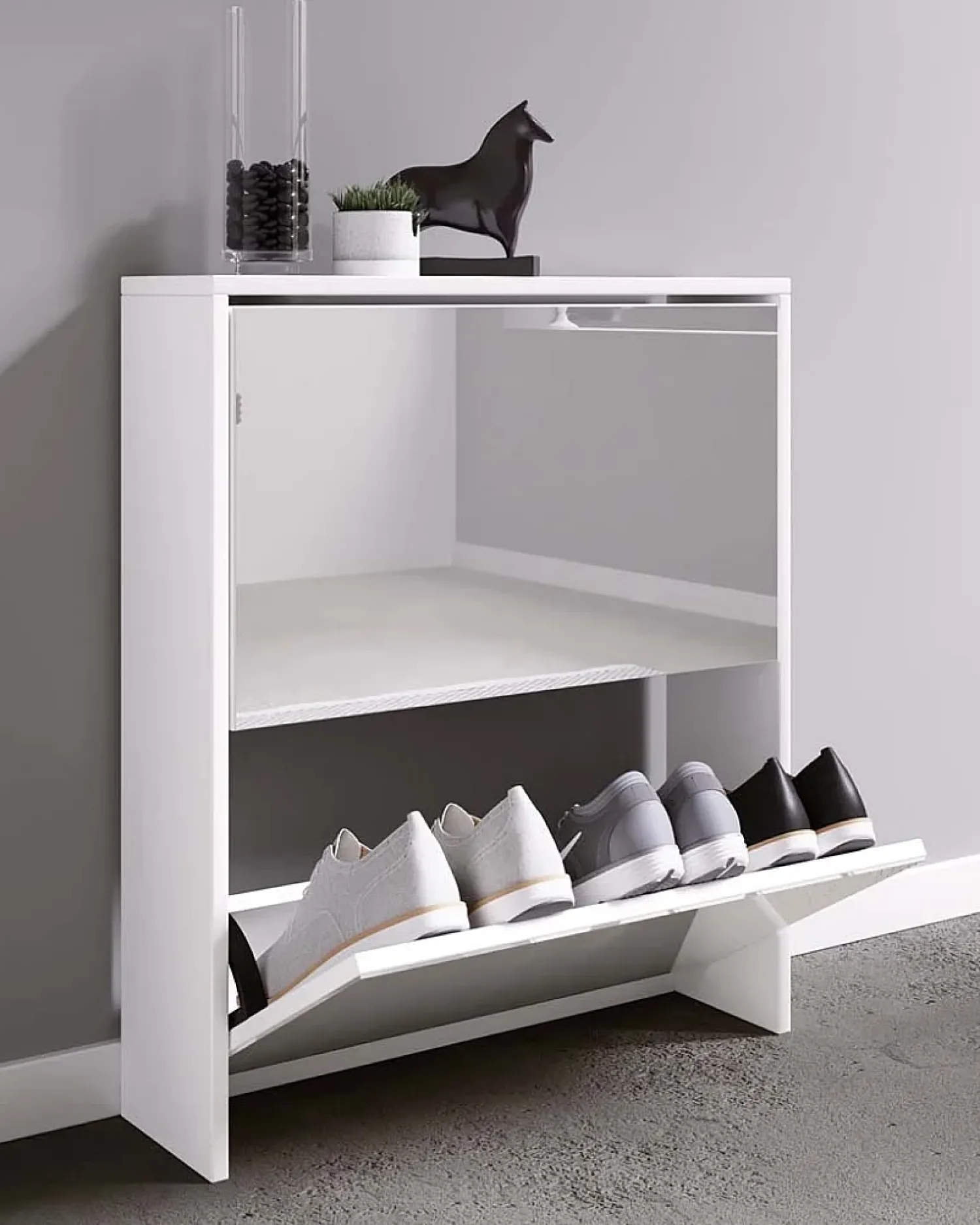 VCM Armário de sapato de madeira | Dimensões: A. 73 x L. 63 x P. 17 cm | 2 abas com espelho - Stido L (Branco)^ Móvel De Arrumação|Sapateira