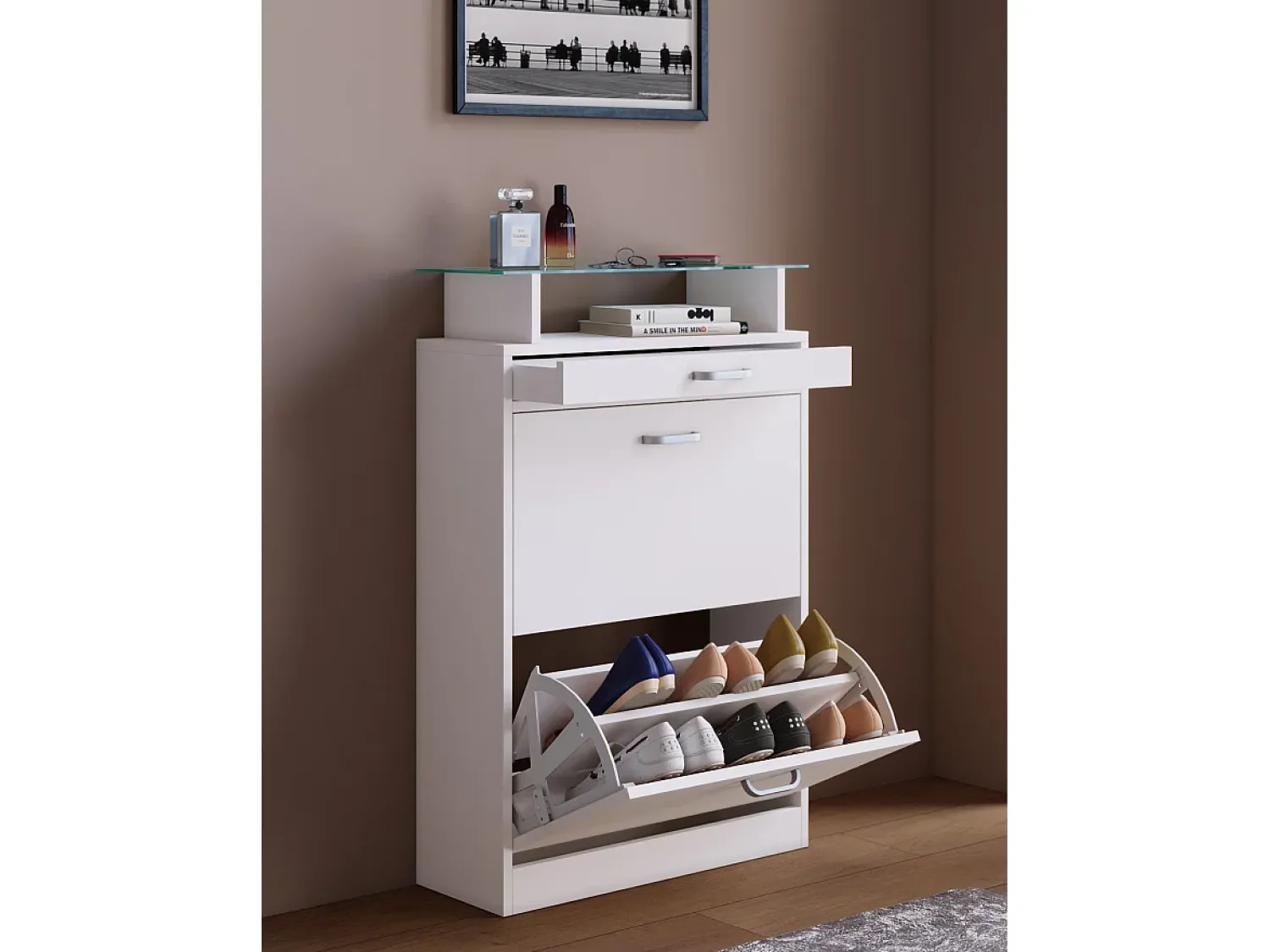 Móvel De Arrumação|Sapateira*VCM Armário de sapato de madeira | Dimensões: A. 91 x L. 59 x P. 22 cm | 2 abas | gaveta estreita | prateleira prática - Sipos M (Branco) Multicor
