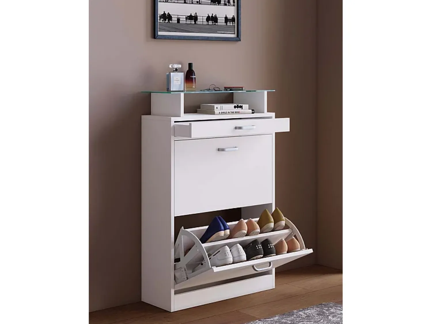 Móvel De Arrumação|Sapateira*VCM Armário de sapato de madeira | Dimensões: A. 91 x L. 59 x P. 22 cm | 2 abas | gaveta estreita | prateleira prática - Sipos M (Branco) Multicor