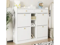 Móvel De Arrumação|Sapateira|ModernLuxe Armário de sapatos 110 x 26 x 100 cm - com 4 portas - 2 gavetas - 3 compartimentos abertos - Branco