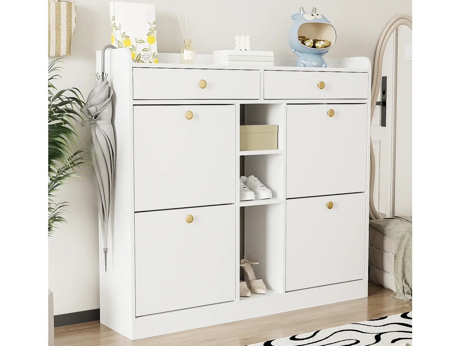 Móvel De Arrumação|Sapateira|ModernLuxe Armário de sapatos 110 x 26 x 100 cm - com 4 portas - 2 gavetas - 3 compartimentos abertos - Branco