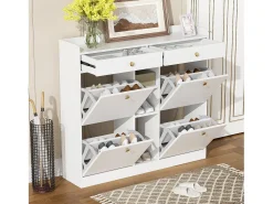 Móvel De Arrumação|Sapateira|ModernLuxe Armário de sapatos 110 x 26 x 100 cm - com 4 portas - 2 gavetas - 3 compartimentos abertos - Branco