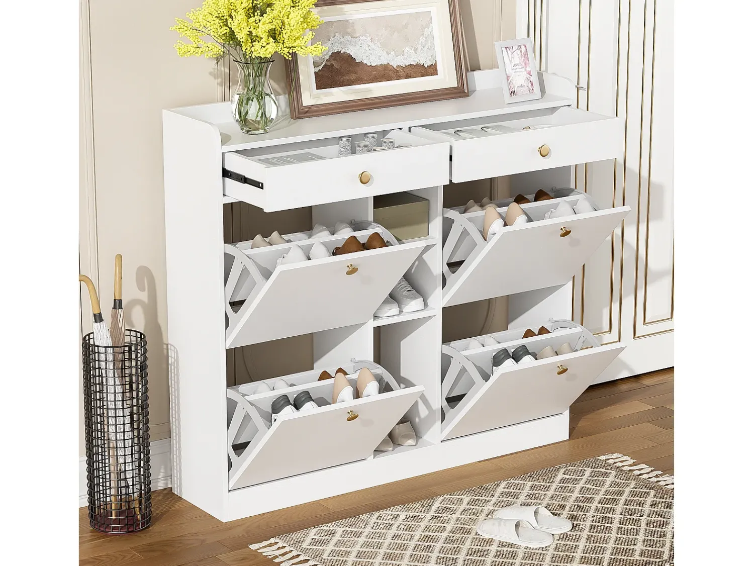 Móvel De Arrumação|Sapateira|ModernLuxe Armário de sapatos 110 x 26 x 100 cm - com 4 portas - 2 gavetas - 3 compartimentos abertos - Branco