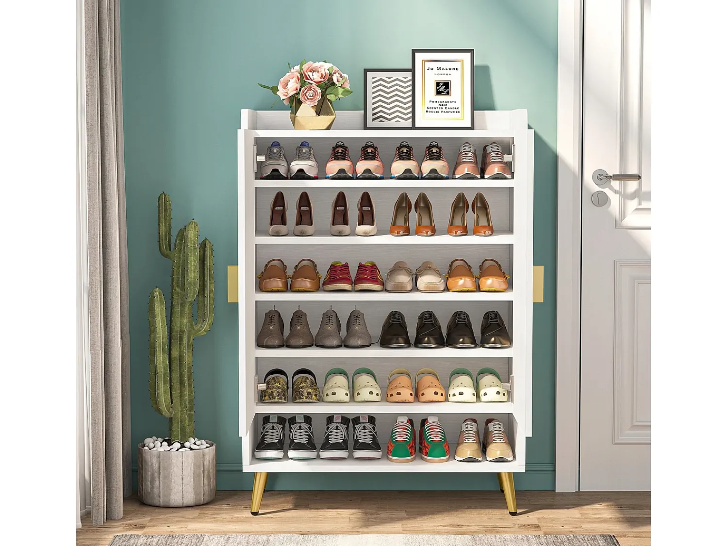 Móvel De Arrumação|Sapateira|Tribesigns Armário de Sapatos com 2 Portas, 6 Andares Armário de Armazenamento para Sapatos, Armário de Entrada para Armazenar Sapatos, 75x 35x 110cm Branco