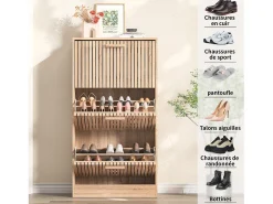 Móvel De Arrumação|Sapateira* Armário de sapatos de madeira com 3 portas basculantes, grande capacidade, aparência de madeira, 60x24x113cm Natural claro