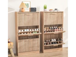 Móvel De Arrumação|Sapateira* Armário de sapatos de madeira com 3 portas basculantes, grande capacidade, aparência de madeira, 60x24x113cm Natural claro