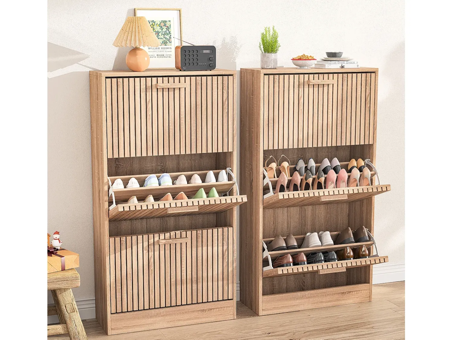 Móvel De Arrumação|Sapateira* Armário de sapatos de madeira com 3 portas basculantes, grande capacidade, aparência de madeira, 60x24x113cm Natural claro