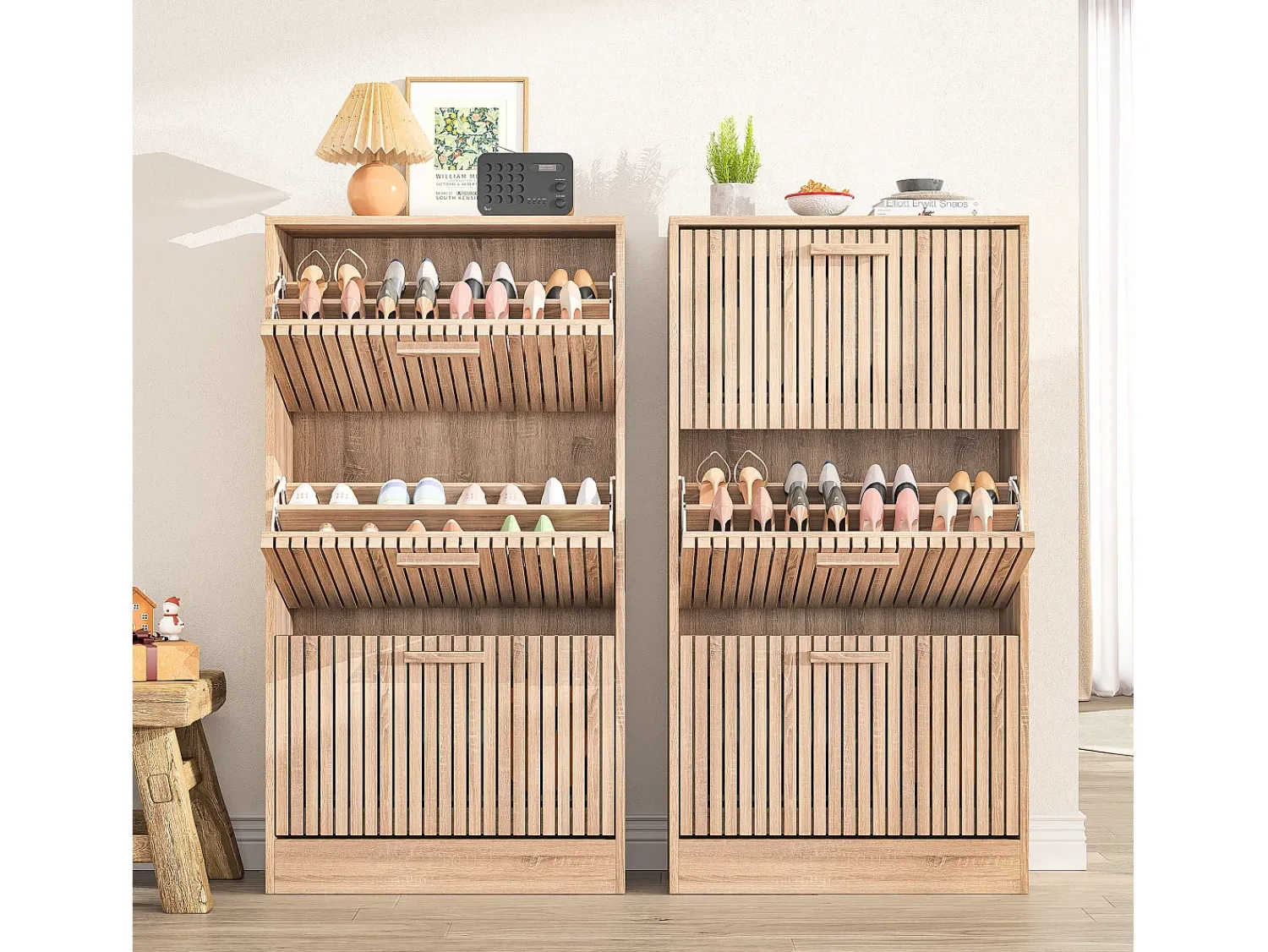 Móvel De Arrumação|Sapateira* Armário de sapatos de madeira com 3 portas basculantes, grande capacidade, aparência de madeira, 60x24x113cm Natural claro