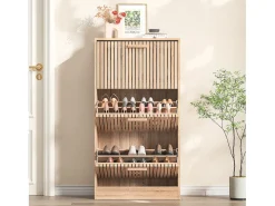 Móvel De Arrumação|Sapateira* Armário de sapatos de madeira com 3 portas basculantes, grande capacidade, aparência de madeira, 60x24x113cm Natural claro