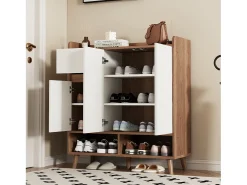 New ModernLuxe Armário de sapatos moderno 90×35×99 cm - 3 portas e 1 gaveta - branco+marrom Castanho / Branco