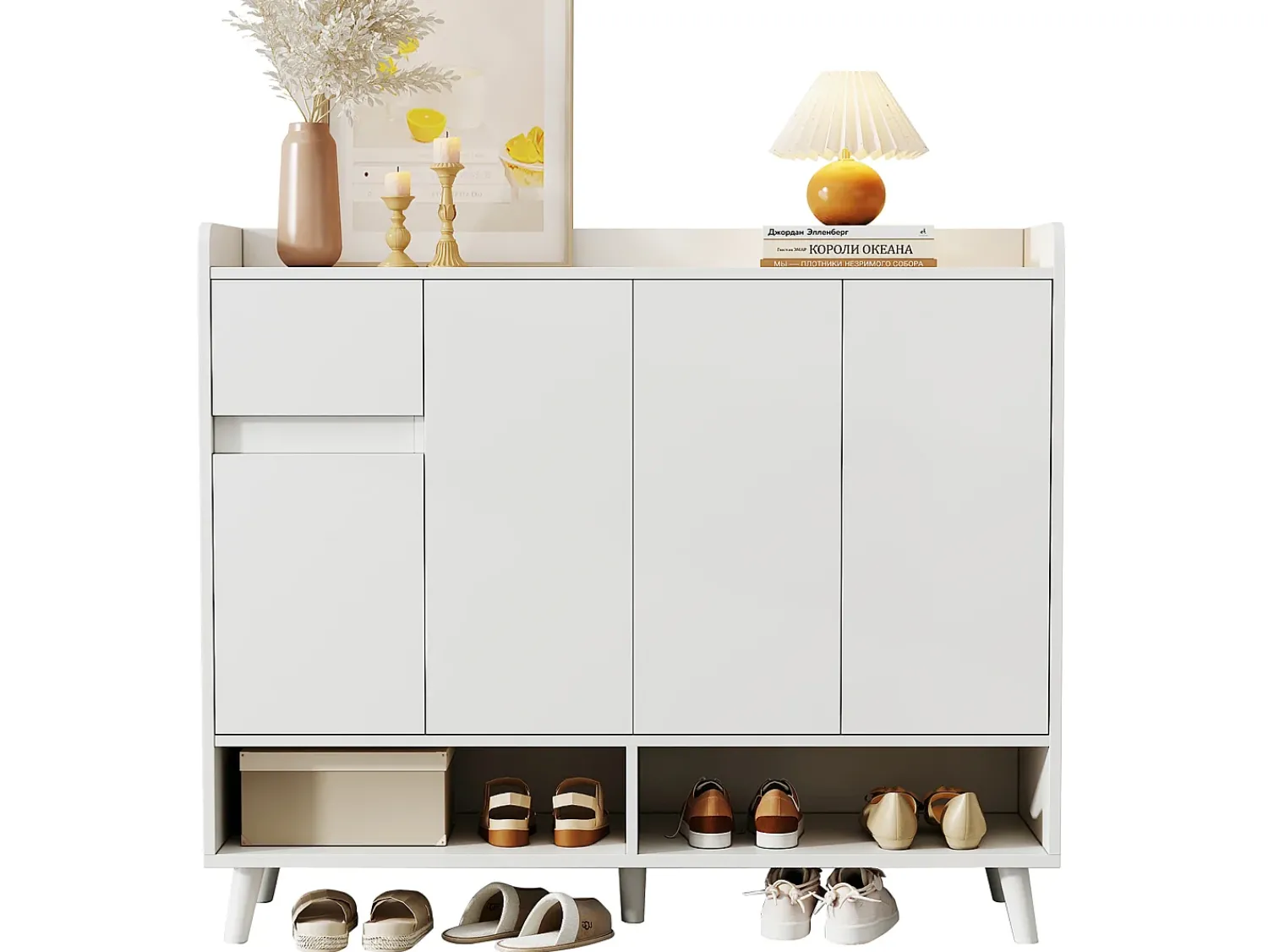 Móvel De Arrumação|Sapateira*ModernLuxe Armário de sapatos moderno 120×35×99 cm - 4 portas e 1 gaveta - Branco