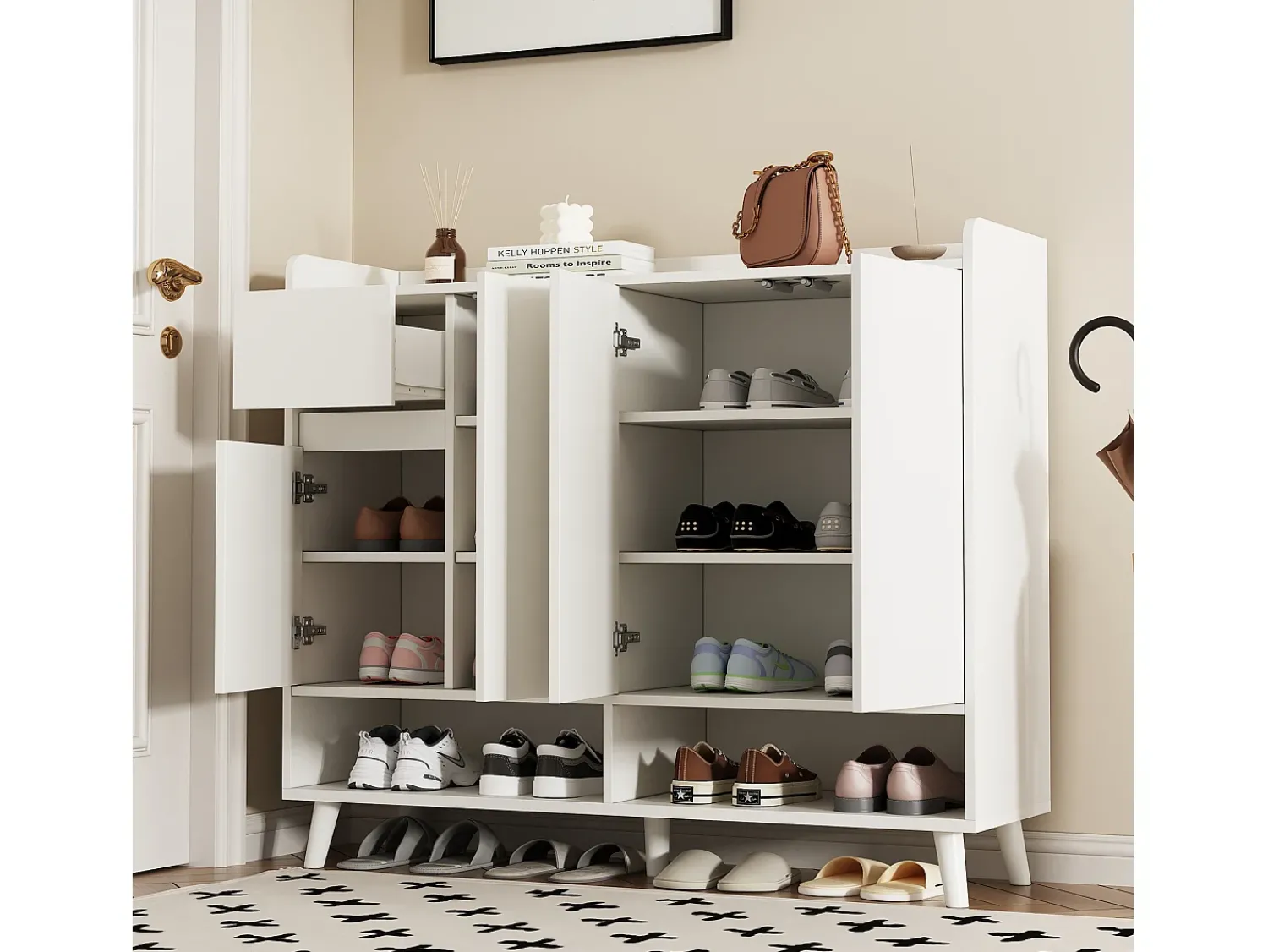 Móvel De Arrumação|Sapateira*ModernLuxe Armário de sapatos moderno 120×35×99 cm - 4 portas e 1 gaveta - Branco