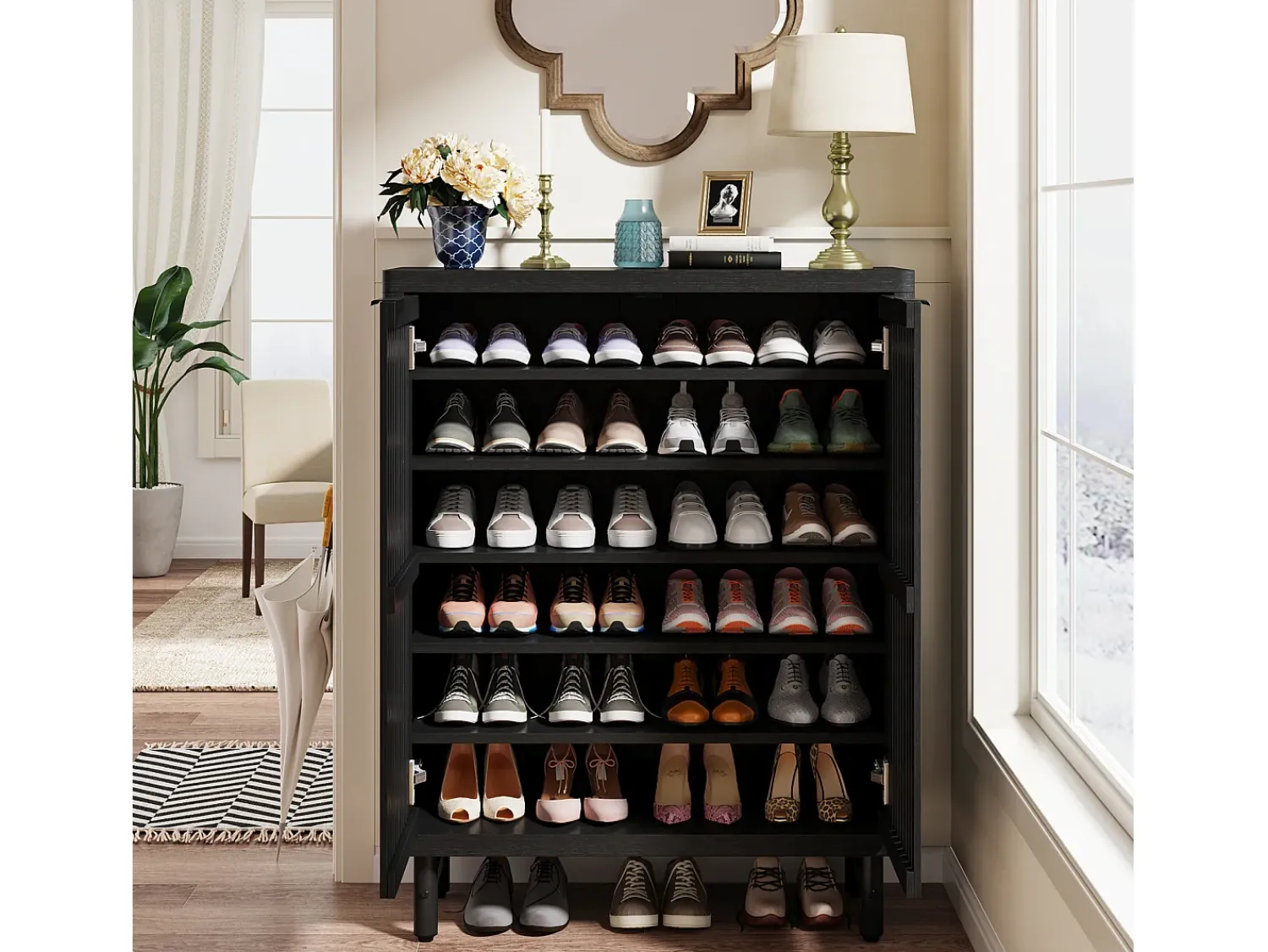 Tribesigns Armário de sapatos com seis níveis e portas de persiana, Rack organizador de sapatos em madeira com prateleiras ajustáveis^ Móvel De Arrumação|Sapateira