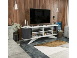 Outlet Dmora Armário de suporte de TV Desteve, Aparador de sala de estar, Armário de TV baixo, Base de suporte de paredeZata, 180x43h60 cm, Antracite e Branco Preto