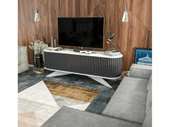 Outlet Dmora Armário de suporte de TV Desteve, Aparador de sala de estar, Armário de TV baixo, Base de suporte de paredeZata, 180x43h60 cm, Antracite e Branco Preto