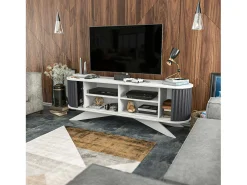 Outlet Dmora Armário de suporte de TV Desteve, Aparador de sala de estar, Armário de TV baixo, Base de suporte de paredeZata, 180x43h60 cm, Antracite e Branco Preto