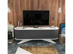 Outlet Dmora Armário de suporte de TV Desteve, Aparador de sala de estar, Armário de TV baixo, Base de suporte de paredeZata, 180x43h60 cm, Antracite e Branco Preto