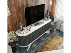 Outlet Dmora Armário de suporte de TV Desteve, Aparador de sala de estar, Armário de TV baixo, Base de suporte de paredeZata, 180x43h60 cm, Antracite e Branco Preto