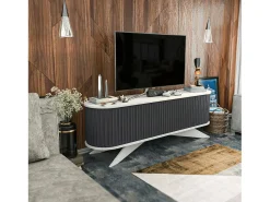 Outlet Dmora Armário de suporte de TV Desteve, Aparador de sala de estar, Armário de TV baixo, Base de suporte de paredeZata, 180x43h60 cm, Antracite e Branco Preto