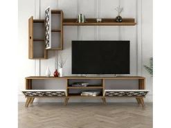 Móvel De Tv*Dmora Armário de suporte de TV Dpinzaut, Aparador de sala, Armário de TV baixo, Base de parede equipada, 180x35h44 cm, Noz e Branco Castanho