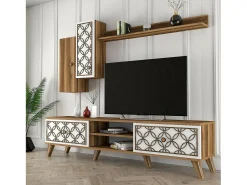 Móvel De Tv*Dmora Armário de suporte de TV Dpinzaut, Aparador de sala, Armário de TV baixo, Base de parede equipada, 180x35h44 cm, Noz e Branco Castanho