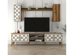 Móvel De Tv*Dmora Armário de suporte de TV Dpinzaut, Aparador de sala, Armário de TV baixo, Base de parede equipada, 180x35h44 cm, Noz e Branco Castanho