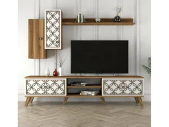 Móvel De Tv*Dmora Armário de suporte de TV Dpinzaut, Aparador de sala, Armário de TV baixo, Base de parede equipada, 180x35h44 cm, Noz e Branco Castanho