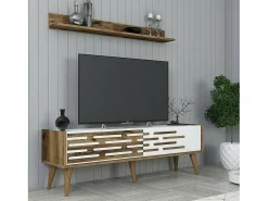 Dmora Armário de suporte de TV Daanesta, Aparador de sala, Armário de TV baixo, Base de parede equipada, 140x45h35 cm, Nogueira e Branco^ Móvel De Tv