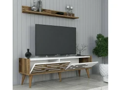 Dmora Armário de suporte de TV Daanesta, Aparador de sala, Armário de TV baixo, Base de parede equipada, 140x45h35 cm, Nogueira e Branco^ Móvel De Tv