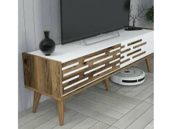 Dmora Armário de suporte de TV Daanesta, Aparador de sala, Armário de TV baixo, Base de parede equipada, 140x45h35 cm, Nogueira e Branco^ Móvel De Tv