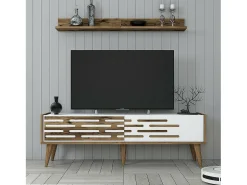 Dmora Armário de suporte de TV Daanesta, Aparador de sala, Armário de TV baixo, Base de parede equipada, 140x45h35 cm, Nogueira e Branco^ Móvel De Tv