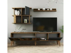 Móvel De Tv*Dmora Armário de suporte de TV Docchiut, Aparador de sala, Armário de TV baixo, Base de parede equipada, 180x34h49 cm, Nogueira e Antracite Castanho