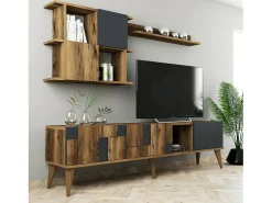 Móvel De Tv*Dmora Armário de suporte de TV Docchiut, Aparador de sala, Armário de TV baixo, Base de parede equipada, 180x34h49 cm, Nogueira e Antracite Castanho