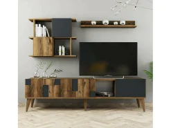 Móvel De Tv*Dmora Armário de suporte de TV Docchiut, Aparador de sala, Armário de TV baixo, Base de parede equipada, 180x34h49 cm, Nogueira e Antracite Castanho