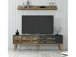 Dmora Armário de suporte de TV Daanesta, Aparador de sala, Armário baixo peR TV, Base de parede equipada, 140x45h35 cm, Nogueira e Antracite^ Móvel De Tv