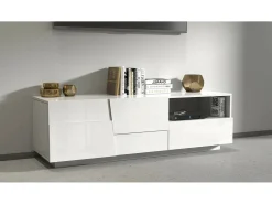 Móvel De Tv|Dmora Armário de suporte de TV Dcoulibal, Aparador baixo para sala de estar com 2 portas e 1 gaveta, Base de suporte de TV, 150x44h46 cm, brilhante Branco