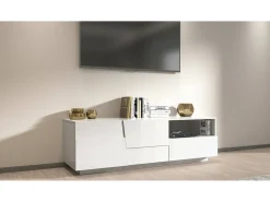 Móvel De Tv|Dmora Armário de suporte de TV Dcoulibal, Aparador baixo para sala de estar com 2 portas e 1 gaveta, Base de suporte de TV, 150x44h46 cm, brilhante Branco