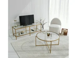 Móvel De Tv*Dmora Armário de suporte de TV Dklaasse, Aparador de sala, Armário de TV baixo, Base de parede equipada, 130x40h45 cm, Ouro Dourado