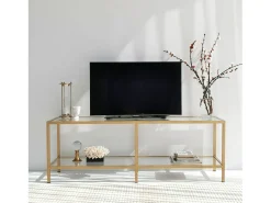 Móvel De Tv*Dmora Armário de suporte de TV Dklaasse, Aparador de sala, Armário de TV baixo, Base de parede equipada, 130x40h45 cm, Ouro Dourado