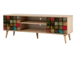 Dmora Armário de suporte de TV Dfantacc, Aparador de sala, Armário de TV baixo, Base de parede equipada, 140x40h50 cm, Carvalho e Multicolor^ Móvel De Tv