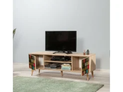 Dmora Armário de suporte de TV Dfantacc, Aparador de sala, Armário de TV baixo, Base de parede equipada, 140x40h50 cm, Carvalho e Multicolor^ Móvel De Tv