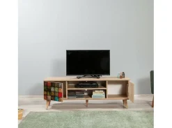 Dmora Armário de suporte de TV Dfantacc, Aparador de sala, Armário de TV baixo, Base de parede equipada, 140x40h50 cm, Carvalho e Multicolor^ Móvel De Tv
