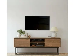 Dmora Armário de suporte de TV Dpicon, Aparador de sala, Armário de TV baixo, Base de parede equipada, 140x40h50 cm, Nogueira e Preto^ Móvel De Tv