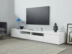 Móvel De Tv*Dmora Armário de suporte de TV Dconsigl, Aparador baixo para sala de estar com 3 portas, Base de suporte para TV, 240x40h35 cm, brilhante Branco