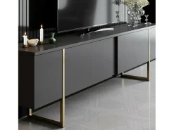 Móvel De Tv*Dmora Armário de suporte de TV Dgridell, Aparador de sala, Armário de TV baixo, Base de parede equipada, 180x30h50 cm, Antracite e Ouro Preto